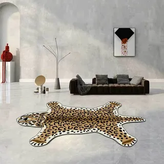 ZQYMM Leoparden Druck Kunstfell Teppich, Rutschfeste Fußmatte Für Wohnzimmer, Schlafzimmer, Kinderzimmer, Dschungel-Themenzimmer, Spielzimmer - Leopard, 60 * 90CM