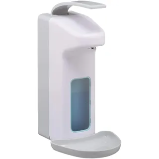 Relaxdays Eurospender, 1000 ml, Tropfschale, Armhebel, Desinfektionsmittel, Seife, Wandbefestigung, Hygienespender, weiß