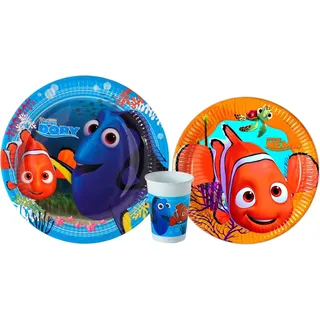 Disney 8 Pappteller Nemo 23 cm + 8 Teller Dory 20 cm + 8 Becher Dory/Nemo für Partys und Geburtstage