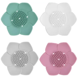 ANNASAMDO 4 Stück Silikon Seifenschalen Lotus, rutschfest mit Ablauföffnungen für Bad, Dusche, Waschbecken & Küche, Weiß, Grau, Rosa, Grün