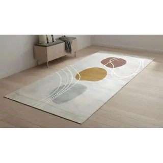 LIKE IT MORE Modern Teppich für Wohnzimmer, Schlafzimmer, Küche und Flur - Waschbarer Rutschfester Teppichläufer - Großer Teppich Läufer Beige Grau Blau Weiß 80x300 (Mond Dunkelgelb)