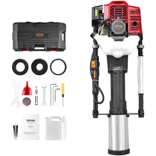 Vevor 52ccm T-Pfostenramme mit Benzinantrieb, Zaunramme mit 2-Takt-Motor, tragbare 1400-W-Pfostenramme mit 3 Pfosten-Rammköpfen (49/69/100 mm), für Bauernhöfe, Ranchzäune, Straßenverbesserungen