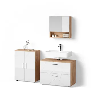 livinity® Ronco 3-tlg. Weiß Hochglanz/Eiche