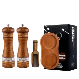INF 2er Set Retro Pfeffermühle mit Holzsockel, Einstellbare Keramikmahlwerk