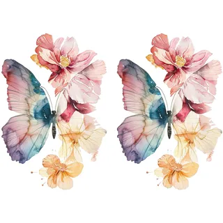 duoyif Wandtattoo Aquarell Schmetterlinge Blume Wandaufkleber Bunt Rosa Blume Schmetterling Mädchen Wandsticker Wanddeko für Mädchenzimmer Schlafzimmer Damen Wohnzimmer Kinderzimmer 2 stück (Blumen)