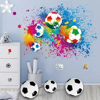 ZenyTra Fußball Wandaufkleber Set 40x60 cm mit 20 Sticker | Selbstklebende Wandtattoos für Kinderzimmer | Bunte Fußball Deko für Jungen Mädchen Zimmer | Babyzimmer Jugendzimmer Sport Dekor