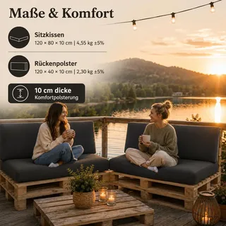 Cloud Pillow Palettenkissen 120x80 cm für Europaletten – Outdoor Sitzkissen mit Cord Rückenkissen & abnehmbarem Bezug für Gartenmöbel Graphit - Grau