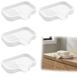 4 Stück, Seifenschalen aus Silikon, Seifenablage Waschbecken, Seifenschale mit Ablauf, Weiße Seifenschale für Badezimmer, Küche und Dusche