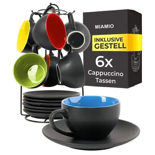 MIAMIO - 6 x 175 ml Tasse Cappuccino Tassen mit Unterteller & Ständer/Cappuccinotassen Set - Le Papillon Kollektion (Bunt)