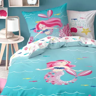 MTOnlinehandel Meerjungfrau Mädchen Biber Bettwäsche · Kinderbettwäsche · MERMAID MAGIC MOMENTS · kuschelige Winterbettwäsche mit Wende Motiv - Kissenbezug 80x80 Bettbezug 135x200 cm - 100 Ba