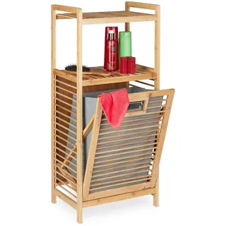 Relaxdays Badregal mit Wäschekorb, 2 offene Ablagen, kippbarer Wäschesammler, Bambus & Stoff, 95x40x30 cm, natur/grau