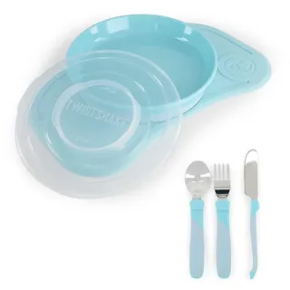 Twistshake Babygeschirr-Set Mini + Besteck | Baby-Saugnapfplatte + Baby-Tischset (31 x 17 cm) + Besteck 12 m+ | BPA-frei | Essenstrainingsteller | Blau