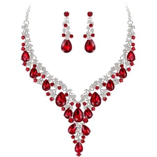 Clearine Hochzeit Schmuck-Set Tropfen Strass Cluster Statement Halskette und Ohrhänger-Set Kostümschmuck für Damen Rubin-Rot Silber-Tone