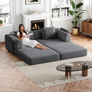 okwish Zweiteiliges Set 2-in-1 Schlafsofa Loungesofa Relaxsofa mit Armlehnen und Ablagefach,Klappsofa Tagesbett mit Stahlrahmen und rutschfeste Unterlage,Grau - Grau