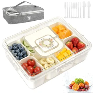 IEEILULU Snackbox mit 8 Fächern, Snack Box mit Aufbewahrungstasche und Besteck, Snackteller mit Deckel für Snacks Süßigkeiten Nüsse Obst Gewürze, für Party Picknick Trips, Spülmaschinenfest