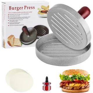 Burgerpresse, Hamburgerpresse, Burger Patty Presse, Burger Pattie Presse, Aluminium Burger Patty Maker Form, Hamburger Patty Maker Antihaft für BBQ Patties Hamburger Maker, mit 100 Silikonpapier