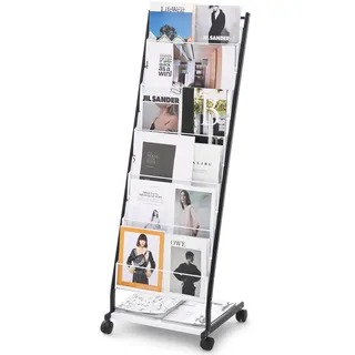 Vevor Prospektständer, 6-stufiger Zeitschriftenständer, Bodenstehender Zeitschriftenständer, Zeitungskataloghalter, Beweglich mit 4 Rädern (2 feststellbar) für Ladenausstellungen, Büros, 6 Taschen