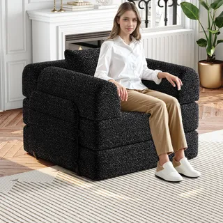 okwish 2-in-1 Schlafsofa Loungesofa Relaxsofa mit Armlehnen und Ablagefach,Klappsofa Tagesbett mit Stahlrahmen und rutschfeste Unterlage,Schwarz - Schwarz