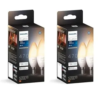 Philips Hue White Ambiance E14 LED Lampen 4er Pack (470 lm), dimmbare LED Leuchtmittel für das Hue Lichtsystem mit warm- bis kühlweißem Licht, smarte Lichtsteuerung über Sprache und App