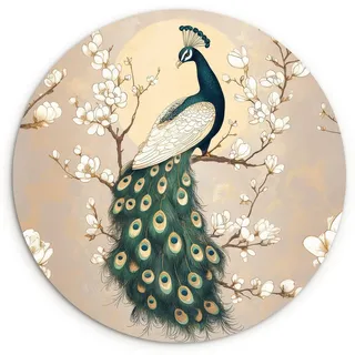 MuchoWow Wandbild Pfau - Zweig - Blumen Wanddeko Schlafzimmer 60x60 cm , Champagner , Kunststoff , Rund , 60x60 cm , einfache und schnelle Anbringung , Bilder & Rahmen, Bilder, Sonstige Wandbilder