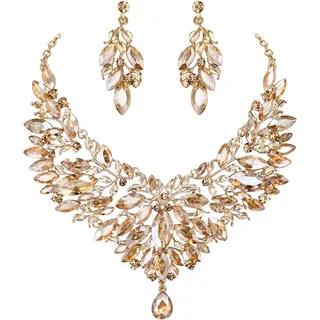 Clearine Braut Schmuck-Set Marquise-Kristall-Strass-Cluster-Statement-Halskette und baumelnden Ohrringe set für Damen Hochzeit Party Champagner-Gold-Ton