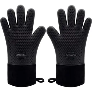 GEEKHOM Silikon Ofenhandschuhe Hitzebeständig Topfhandschuhe BBQ Handschuhe Wasserdicht Küchenhandschuhe für Backofen Grillen Mikrowelle, rutschfeste Backhandschuhe Mit Fingern, Schwarz, M