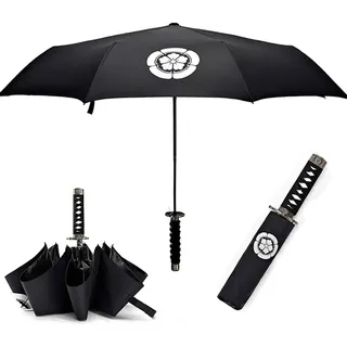 Cool Lemon Samurai Katana Master Schwert Griff Faltbarer Regenschirm Anime Tragbar Reise Japanischer Ninja Kompakt Regenschirme Winddicht Schwarz Kleber Anti UV Business Geburtstagsgeschenk für Männer