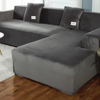 VanderHOME High Stretch Sofa überzug l Form Moderne Weicher Herbst/Winter Sofaüberzug Plüsch Einfarbig Rutschfester Sofahusse Für Wohnzimmer Protector Für Hunde Haustiere (2 Sitzer, Grau)