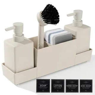 Spüli und Seifenspender Küche Set mit Schwammhalter Bürste, Spülmittelspender Küche Schwarz, Seifen und Spülmittelspender Set Küchengadget Spülbecken Organizer mit Seifenspender (Beige, 4 in1)