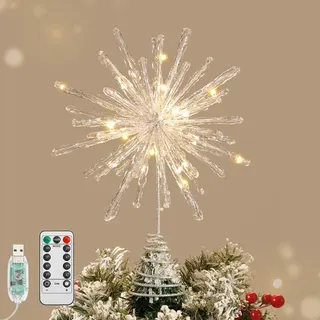 Lewondr Weihnachtsbaumspitze Schneeflocke, 12,2'' Glitzernde Epoxid Feuerwerk Christbaumspitze mit 30 LED Birnen, 6 Std. Timer & 8 Modi USB Fernbedienung, Baumspitze Weihnachtsdeko für Innen, Silber