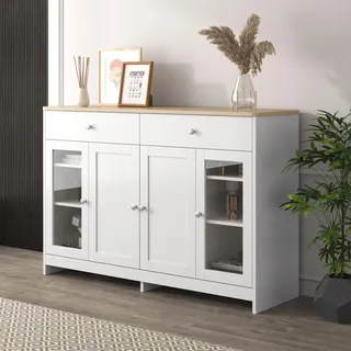 FurnitureR Moderne weiße Anrichte, Holzwerkstoff, Glasfenster, minimalistisch, vielseitige Lagerlösung, stilvolles Design für Wohnzimmer