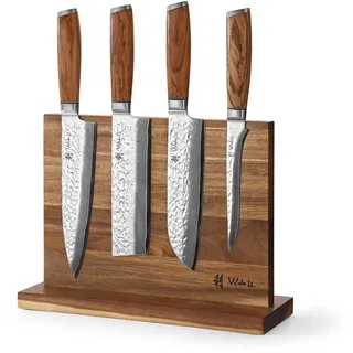 Wakoli Chefs Choice Damastmesser Set 5-teilig mit Magnet Messerblock aus Akazienholz, Koch, Santoku, Nakiri & Ausbeinmesser, 15 bis 20 cm Klingen, 67 Lagen Damaststahl mit VG10 Kern, Zebraholzgriffe