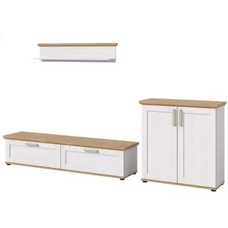 Inn.Furn Wohnwand 3-teilig weiß Lärche, Eiche Artisan 260 cm Landhaus, Schrankwand mit viel Stauraum , Eiche Artisan, Weiß , Kunststoff , Nachbildung,Lärche, Eiche , Uni, Holz Optik , Rechteckig , 260x151x40 cm , FSC Mix , Wohnzimmer, Wohnwände