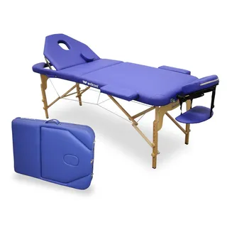 WELLCORE Faltbare Massageliege aus Holz, mit aufklappbarer Rückenlehne, Plus, 185 x 65 cm, Kunstleder, höhenverstellbar, Abnehmbarer Kopf, Gesichtsloch, Blau, bis 225 kg