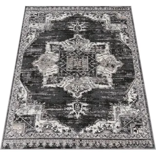 Teppich Wohnzimmer Kurzflor Vintage Orientalisches Florales Muster Mandala Bordüre Grösse 60x100 cm - Schwarz