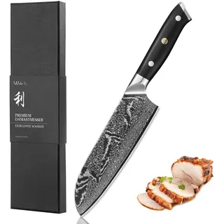 Wakoli Nitoko Damastmesser Santoku – Scharfes Küchenmesser aus echtem Damaststahl (VG10 Kern) mit 18 cm Klinge – Kochmesser mit G10 Griff in edler Geschenkbox –Präzises Damast Messer Full Tang Design