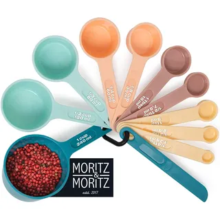 Moritz & Moritz 11-TLG. Messlöffel Set 1/4 TSP bis 1 Cup - stapelbar - Messbecher Measuring Cups und Measuring Spoons 1,25-240ml inkl. Streichlineal - Zum Kochen & Backen mit Kindern (Bunt)