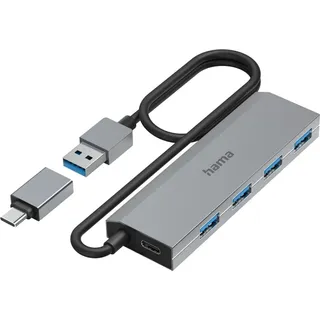 Hama USB-Hub 4 Ports USB 3.2 Gen1, inkl. USB-C-Adapter u. Netzteil, 4X USB-A für Maus, Tastatur, Externe Festplatte, USB-Stick etc., Aluminium-Gehäuse, USB-Adapter für Büro, Home Office)