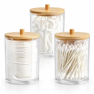 ALINK 3er Set Wattestäbchen Aufbewahrung mit Holzdeckel, Stapelbare Transparente Kosmetik Organizer Boxen, Runde Aufbewahrungsdosen für Wattepads, Zahnseide, Haargummis, Badezimmer & Schminktisch