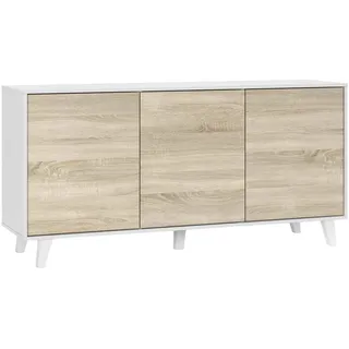 Dmora - Arvada-Sideboard, Küchenbuffet, Wohnzimmer-Design-Garderobe, modernes Sideboard mit 3 Türen und Regalen, 154 x 40 x 75 cm, Weiß und Eiche