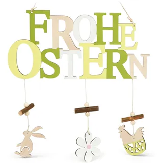 COM-FOUR® Türschild "Frohe Ostern" - Schriftzug mit Hase, Blume, Huhn für Ostern - Oster-Deko zum Aufhängen an Haustür, Wand, Fenster (gelb/grün - 1 Stück)
