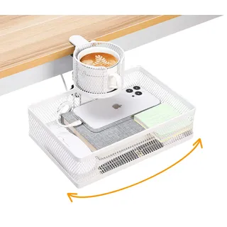 Schreibtisch-Organizer mit Getränkehalter, 360° drehbar, versteckte Schublade unter dem, zum Aufklemmen, große Kapazität unter dem Schreibtisch, für Zuhause und Büro (White)