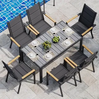 JUMMICO Gartenmöbel Set Terrassen Set Aluminium Gestell mit Holzoptik PS Tischplatte Komfortabler Hochlehner Einfach Montiert,6 Personen Set