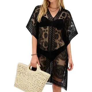 DiULi BikiniCover Up, Damen Strandkleid V-Ausschnitt Beachwear, Sommer Spitze Bikini Cover Up, Transparent Häkel-Strandkleid für Urlaub, Pool, Strand und Party, Schwarz
