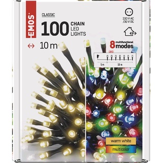 EMOS LED-Lichterkette Warmweiß + Multicolor für Innen und Außen, 8 Lichtmodi, 10m lange IP44 Weihnachtslichterkette mit 100 LEDs + 5m Zuleitung und Netzteil, für Party, Weihnachten, Deko