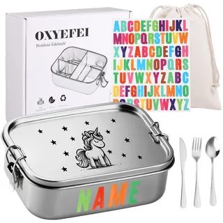 OXYEFEI Brotdose Kinder mit Fächern,Brotdose Edelstahl mit Gabel und Löffel Bunte Buchstabenaufkleber Individuell gestaltbare Namen Geschenk für Jungen und Mädchen (Einhorn, 1200)