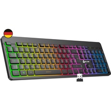 Bild Light V2 Gaming Tastatur Kabellos QWERTZ + NEU 2023 + flach, ergonomisch, dezent, wasserresistent + Beleuchtete Gaming Tastatur für PC Mac PS4 PS5 + Integrierter Akku mit Langer Lebensdauer