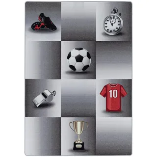 Kinderteppich , Grau , Textil , Fußball , rechteckig , 100x150 cm , Oeko-Tex® Standard 100 , für Fußbodenheizung geeignet, schmutzabweisend, für Hausstauballergiker geeignet, lichtunempfindlich, antistatisch, waschbar, pflegeleicht, strapazierfähig, leicht zusammenrollbar , Teppiche und Böden, Teppiche, Kinderteppiche