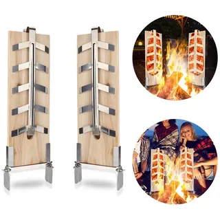 Fiqops Flammlachsbrett Räucherbrett 2er Set Holzplatten mit sehr stabilen Halterungen