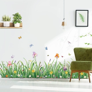 decalmile Wandtattoo Bordüre Grün Gras Wandaufkleber Blumenwiese Schmetterlinge Wandsticker Wohnzimmer Schlafzimmer Wanddeko